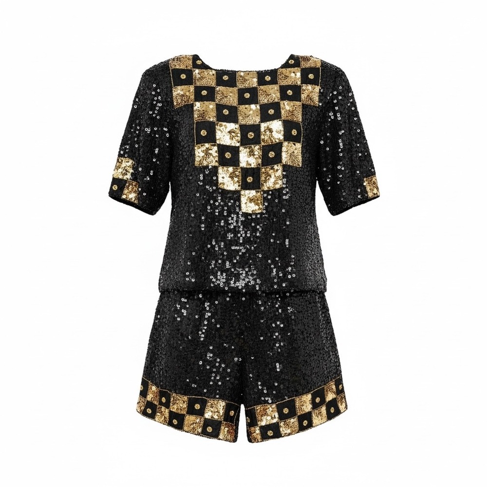 Elegance Vintage Silk Sequin Two Piece Set Black Gold Checkered Shorts Top Small